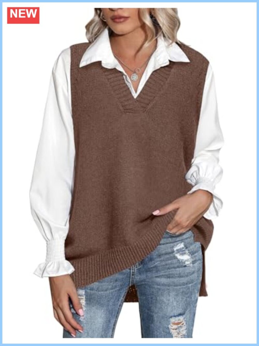 Sleeveless Knit Sweater Vest V-Neck Oversized Womens Fall